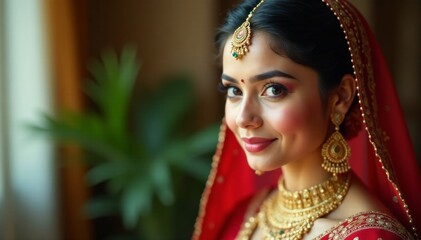 Fototapeta premium Beautiful young Hindu bride with ornate attire and delicate features , wedding, elegance