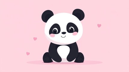 Adorable illustration shows a smiling panda bear with heart shapes on pink