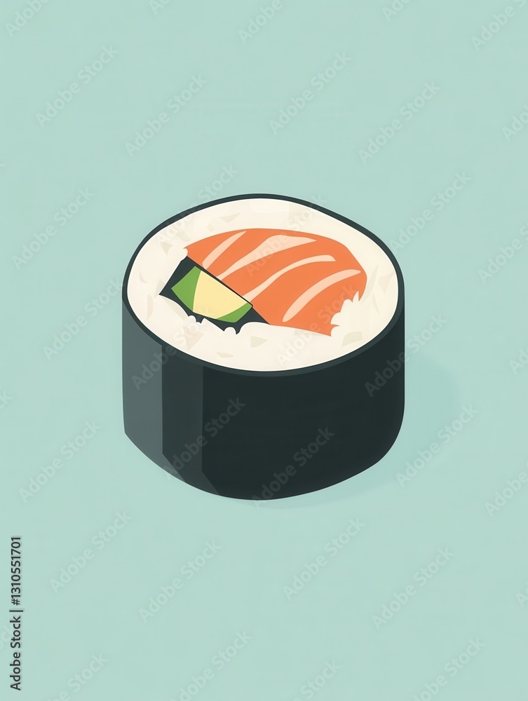 Poster flat sushi roll icon showcasing japanese cuisine in clean minimal style with pastel tones for brandi