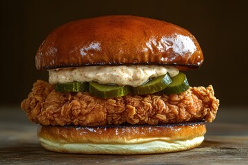 Crispy Fried Chicken Burger with Fresh Vegetables on Soft Bun Savory and Appetizing Fast Food Meal
