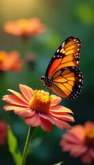 Fototapeta premium Close-up of butterfly feeding on flower, garden setting, sunlit , colorful, vibrant