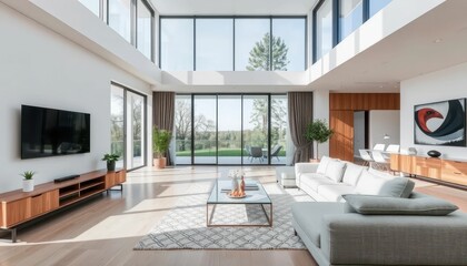 Fototapeta premium Modern Bright Living Room with Large Windows and Stylish Furniture