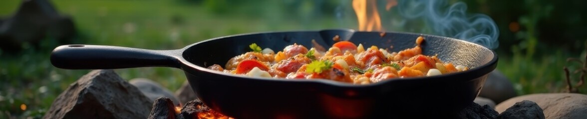 Campfire cooking setup with cast iron skillet and foil packets , rustic, tools