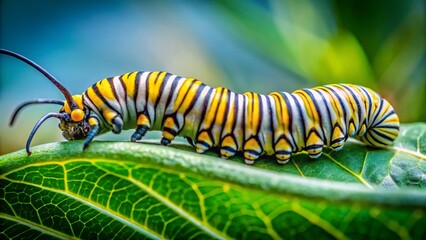Naklejka premium Intricate Monarch Butterfly Larva on Milkweed, Close-Up Food Photography