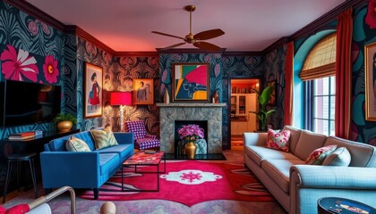 Vibrant and Colorful Living Room with Artistic Decor Elements