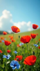 Poppies, cornflowers dance in a sun-drenched summer field , summer field, flowering, countryside