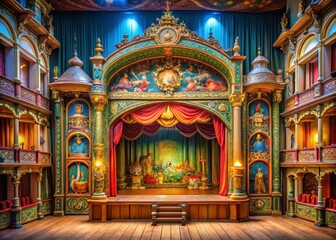 Obraz premium Intricate Puppet Theater Stage Design, Kasperletheater Architecture, Traditional German Puppet Show Building
