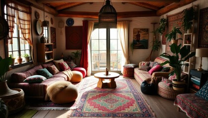 Cozy Bohemian Living Room with Natural Light and Vibrant Decor