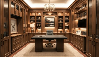 Elegant Wood Office Interior with Modern Furniture and Artwork