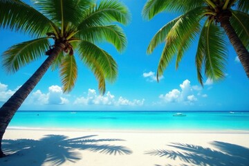 Azure sky, towering palms cast shadows on white sand, sand, shadow, beach