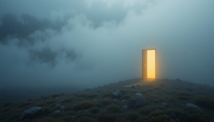 Mystical Foggy Landscape with Glowing Open Door to Hope and New Beginnings