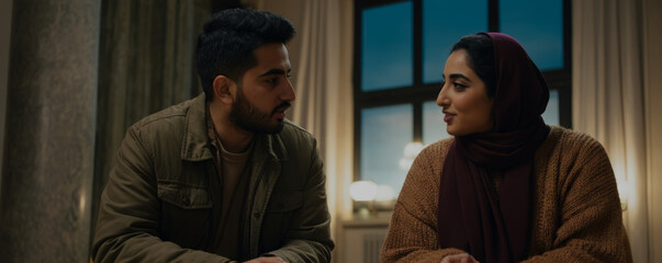 Young middle eastern couple having a conversation indoors during evening