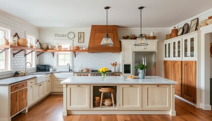 Fototapeta premium Modern Farmhouse Kitchen with Warm Wood Accents and Open Shelving