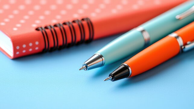 Close-up of two colorful pens beside a pink, polka-dotted notebook - Powered by Adobe