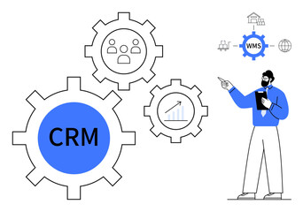 Gear system concept with CRM, people, and analytics icons. Businessman pointing at WMS workflow. Ideal for automation, efficiency, technology, management, strategy organization flat simple metaphor