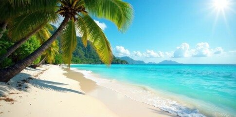 Obraz premium Sun-drenched beach, turquoise water, lush palms, green, vegetation