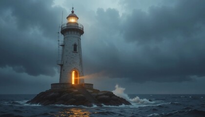 Obraz premium Majestic Lighthouse Beaconing Hope Amidst a Stormy Sea at Dusk