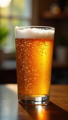 Amber liquid with effervescence fills a glass, softly blurred backdrop, light, pub