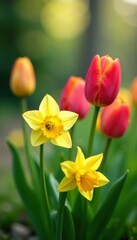 Delicate tulips and daffodils emerge from vibrant green grass , green, leaves, flora