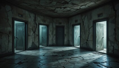 Eerie Abandoned Corridor with Cracked Walls Open Doors and Dark Atmosphere