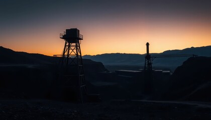 Naklejka premium Industrial Landscape at Dusk with Silhouette of Mining Equipment