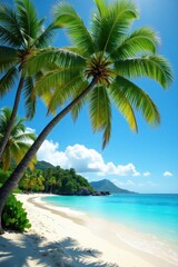Lush Hawaiian palm trees arch over pristine white sand beach , idyllic, bright