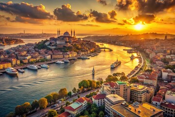 Istanbul Golden Horn Sunset Aerial View - Vintage Photography