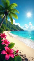 Sun-drenched beach scene with lush tropical flowers, vacation, holiday, summertime