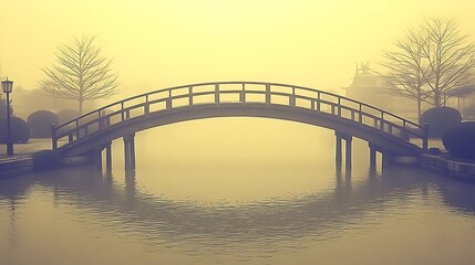 Naklejka premium A Wooden Bridge Spans a Foggy Canal in a Tranquil Scene