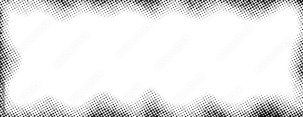 Poster halftone rectangle grain frame. black comic dotted wavy border. pop art fading gradient frame backdr