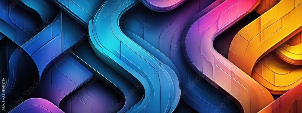 Poster dynamic abstract design featuring colorful flowing lines and curves on a dark background