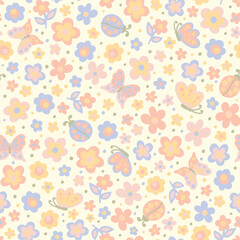 Cute colorful botanical vector seamless pattern. Cartoon tiny flowers, butterflies and ladybugs, multicolored background. Fun and joyful allover print for fabric, kids clothes, any surfaces.