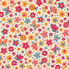 Cute colorful botanical vector seamless pattern. Cartoon tiny flowers, butterflies and ladybugs, multicolored background. Fun and joyful allover print for fabric, kids clothes, any surfaces.