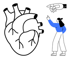 Anatomical heart sketch, mechanical hand reaching, and a person pointing highlight themes of technology and human connection. Ideal for health, education, science, innovation, creativity