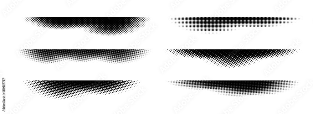 Poster Halftone shadow set. Black dotted gradient stripe collection. Horizontal pixel grain line patterns. Half tone textured shade pack for divide and separate. Vector noise dots and particles strips