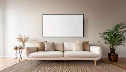 Striking 3D Mockup Showcasing Modern White Sofa in Minimalist Interior Room with Clean Lines and Bold Geometrics, Exuding Elegance and Tranquility