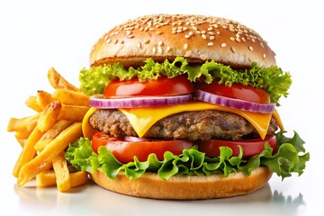 Juicy Hamburger with Crispy French Fries Isolated on White Background - Stock Photo