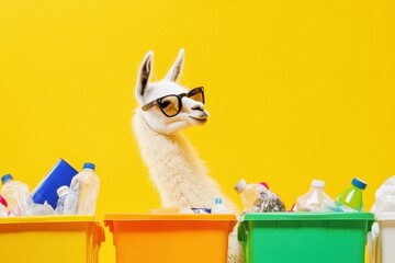llama sorts recyclables into bins against a vibrant yellow background, promoting environmental awareness and responsibility