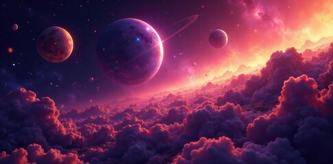 Abstract gold & purple galactic scene, shimmering planets, astral energy , cosmic, digital