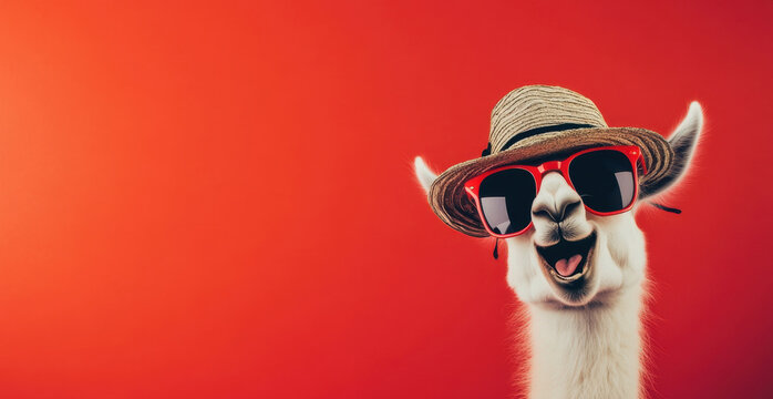 Llama laughing in vintage sunglasses and a stylish hat against a vibrant red background