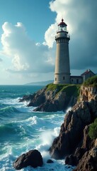 Ancient stone lighthouse overlooking turbulent sea , dramatic, weathered, sea