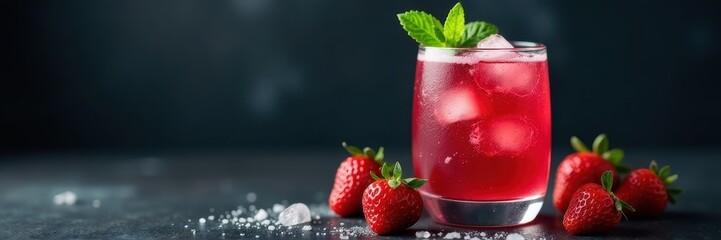 Iced berry fizz, mint, strawberries, dark backdrop, background, texture