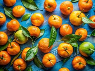 Juicy Tangerines with Lush Green Leaves on Vibrant Blue Background - Top View Stock Photo