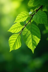 Softly unfolding beech leaves, vibrant emerald hue, early spring light, wood, botany