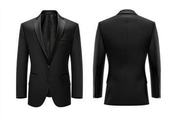 Men's full black suit displayed front and back, showcasing elegant tailoring and sharp details against a white background