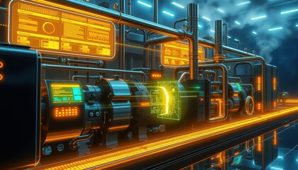 Fototapeta premium Futuristic Industrial Machinery with Neon Lights and Monitors