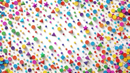 Colorful confetti pattern with geometric shapes in various colors scattered on a white background , celebration, party decorations