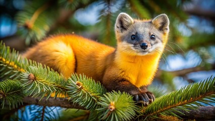 Kharza Marten, Yellow-throated Marten,  Pine Branch, Wildlife, Golden Fur, Animal Photography, Drone View