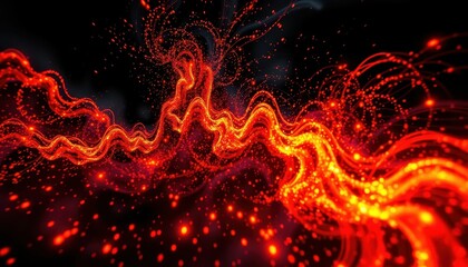 Abstract Flow of Red Light Against a Dark Background with Sparkles