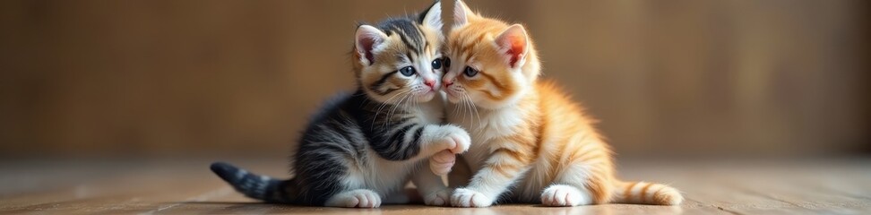 Close embrace of two fluffy kittens, intertwined paws, love, cuddle